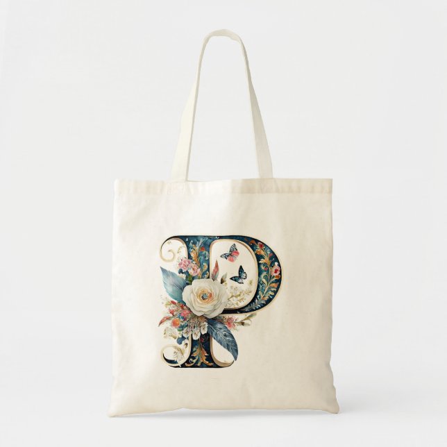 Elegant bohemian floral letter P Tote Bag (Front)