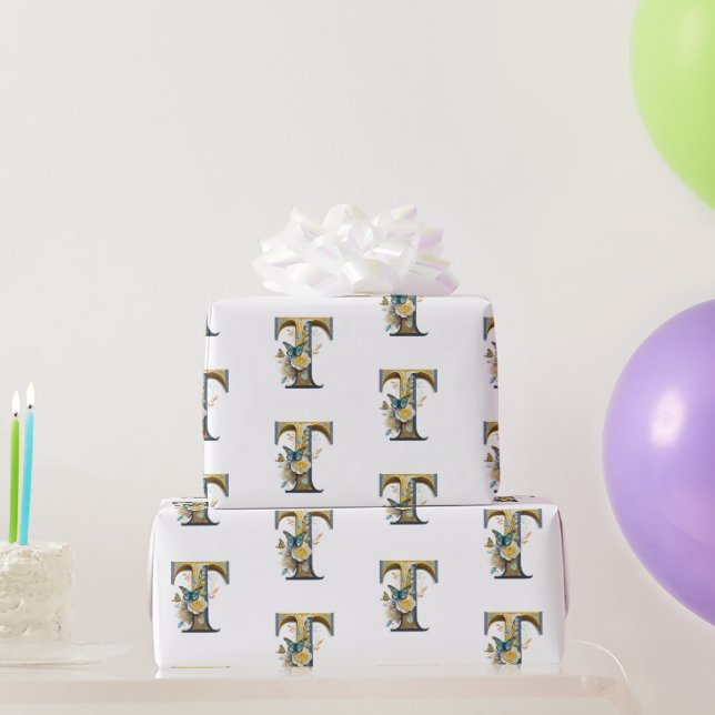 Elegant bohemian floral letter T Wrapping Paper (Party Gifts)