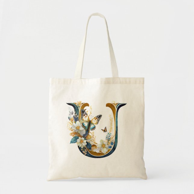 Elegant bohemian floral letter U Tote Bag (Front)
