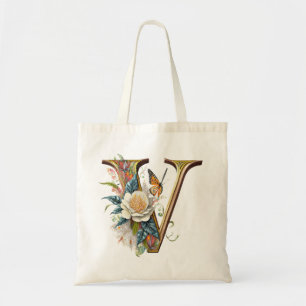 Elegant bohemian floral letter V Tote Bag