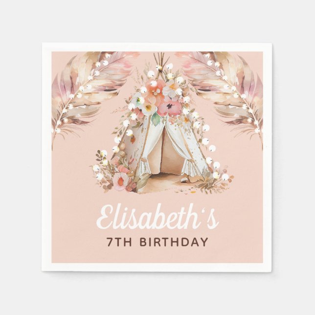 Elegant Bohemian Girl Birthday Personalised Napkin (Front)