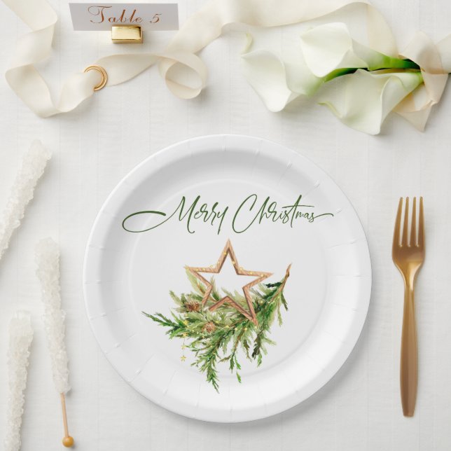 Elegant Bohemian Merry Christmas Composition Paper Plate (Wedding)