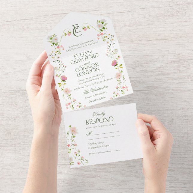 Elegant Bohemian Monogram Floral Wedding All In One Invitation (Tearaway)