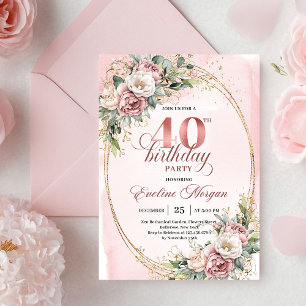Elegant Bohemian Powder Pink Flowers 40th Birthday Invitation