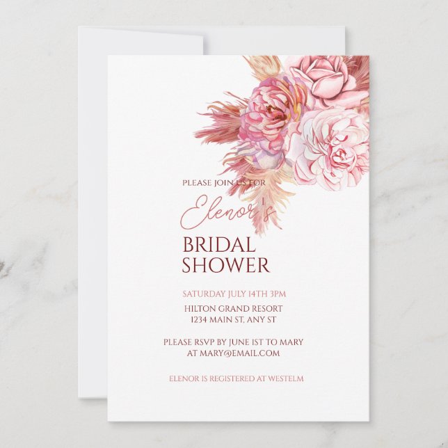 Elegant Bohemian Rose Bridal Shower Invitation  (Front)