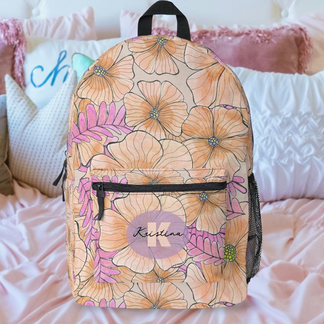 Elegant Bohemian Watercolor Peach Pink Flowers Printed Backpack (Creator Uploaded)