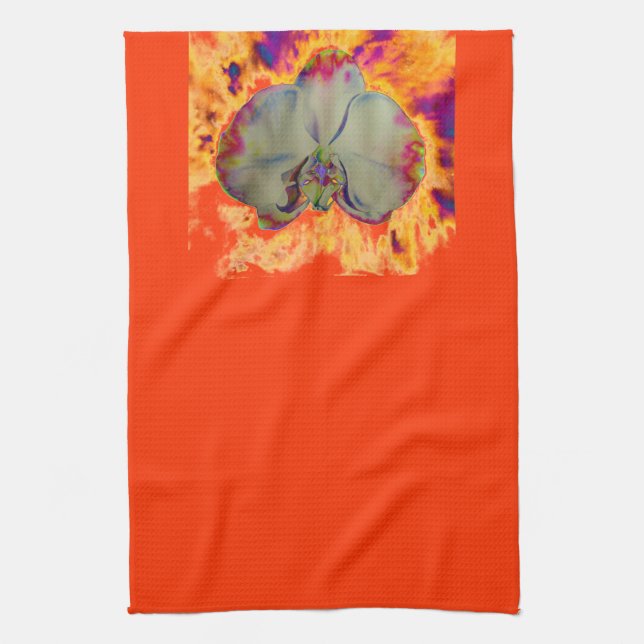 Elegant boho abstract watercolor orchid painting tea towel (Vertical)