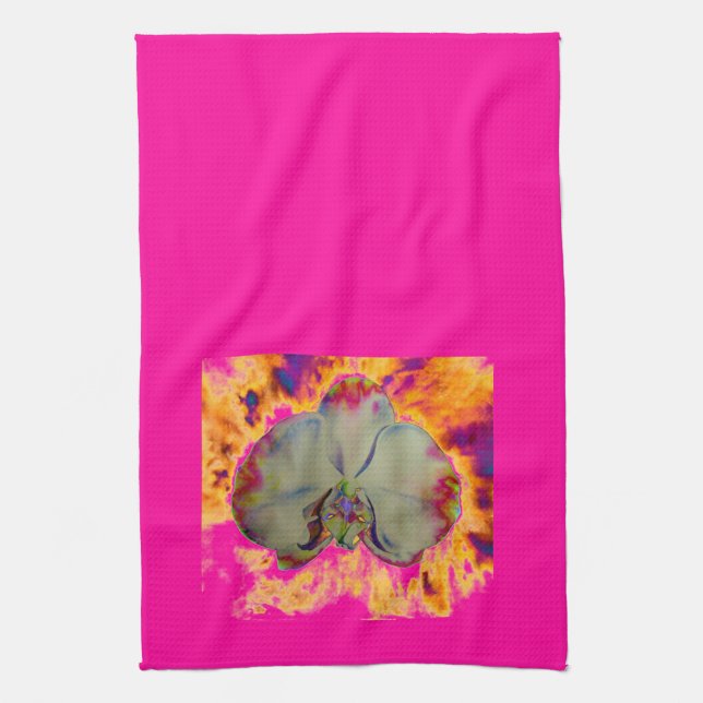 Elegant boho abstract watercolor orchid painting tea towel (Vertical)