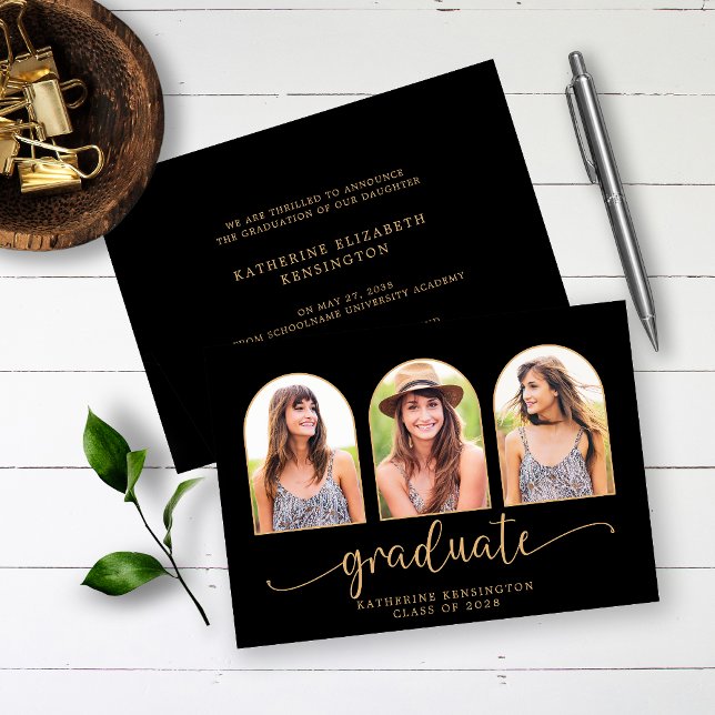 Elegant Boho Arch Black Gold 3 Photo Graduation Invitation (Creator Uploaded)