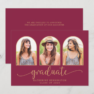 Elegant Boho Arch Burgundy Gold 3 Photo Graduation Invitation