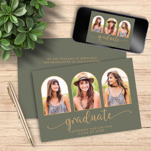 Elegant Boho Arch Green Gold 3 Photo Graduation Invitation