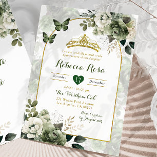 Elegant Boho Arch Sage Green Royal Quinceañera Invitation