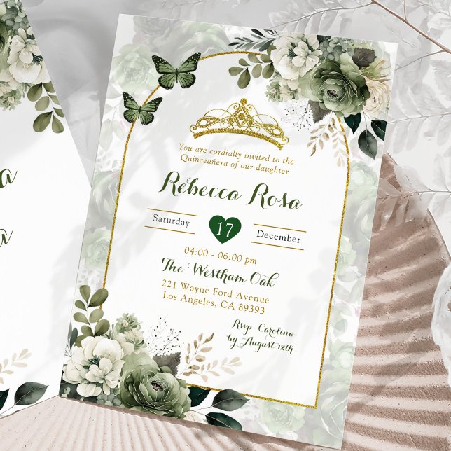 Elegant Boho Arch Sage Green Royal Quinceañera Invitation (Creator Uploaded)