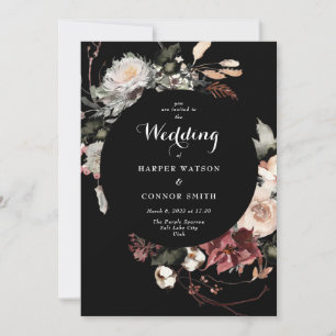 Elegant Boho Black Dried Burgundy Rustic Florals Invitation
