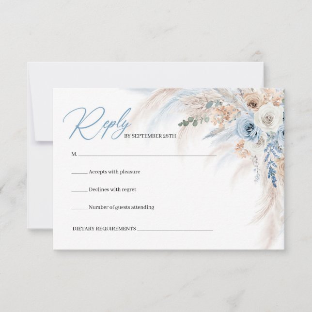 Elegant boho blue floral and ivory roses pampas RSVP card (Front)