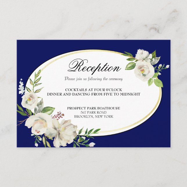 Elegant Boho Blue Floral Gold Wedding Reception Enclosure Card (Front)
