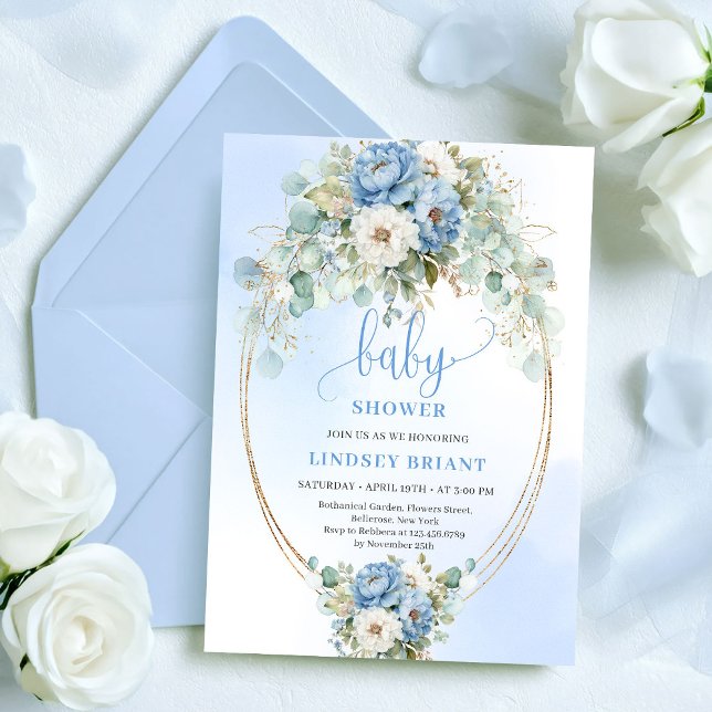 Elegant Boho Blue Floral Greenery Gold Baby Shower Invitation (Elegant Boho Blue Floral Greenery Gold Baby Shower)