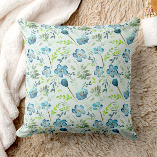 Elegant Boho Blue Green Watercolor Flowers Cushion