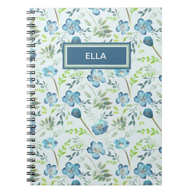 Elegant Boho Blue Green Watercolor Flowers Name Notebook (Front)