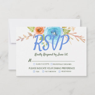 Elegant Boho Blue Peach Rose Floral Wedding RSVP Card