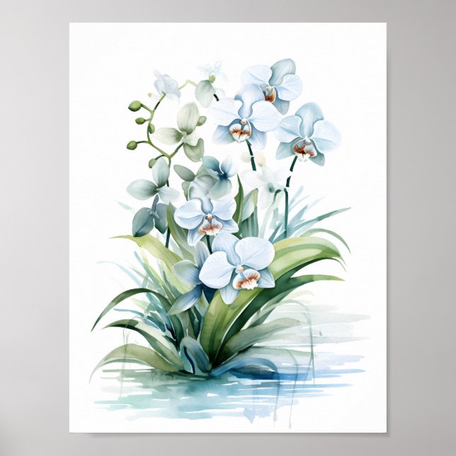 Elegant Boho Blue Watercolor Orchids Poster (Front)