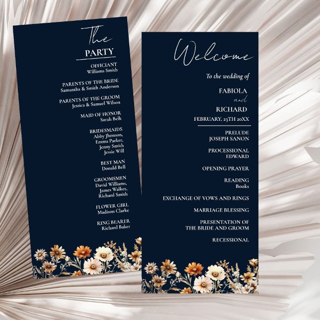 Elegant Boho Blue Wildflower Wedding Program Card (Creator Uploaded)