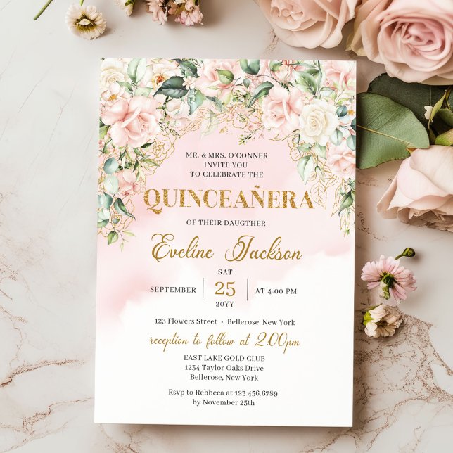 Elegant boho blush floral gold glitter Quinceañera Invitation (Elegant blush pink roses eucalyptus gold sparkles quinceanera invitation digital)