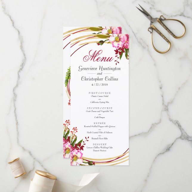 Elegant Boho Blush Floral Wedding Reception Menu (Front/Back In Situ)