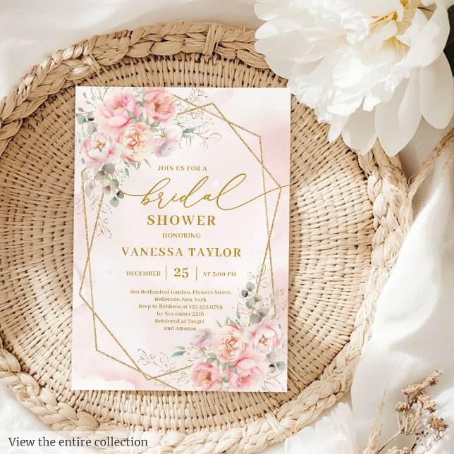 Elegant Boho Blush Gold Floral Bridal Shower Invit Invitation (Chic Boho Blush Pink Gold Glitter Bridal Shower Invitation)