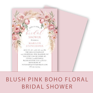 Elegant Boho Blush Peonies, Pampas Grass Bridal Invitation