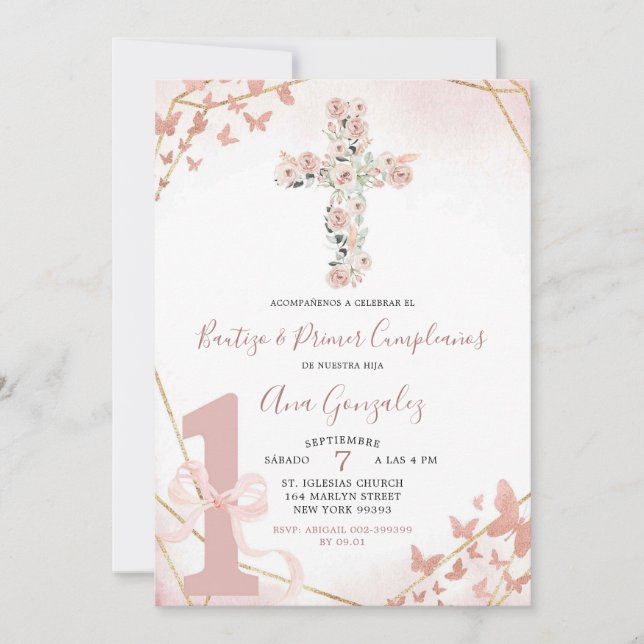 Elegant Boho Blush Pink Baptism & First Birthday Invitation (Front)