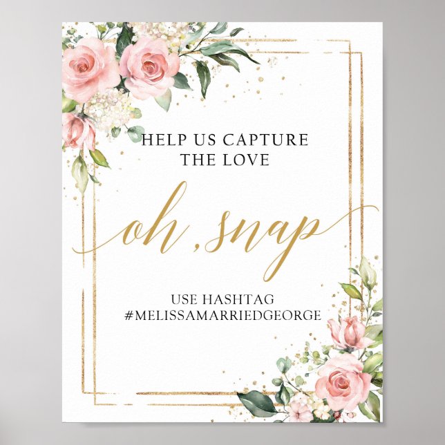 Elegant boho blush pink floral gold oh snap sign (Front)