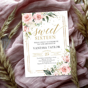 Elegant boho blush pink floral gold sweet sixteen invitation