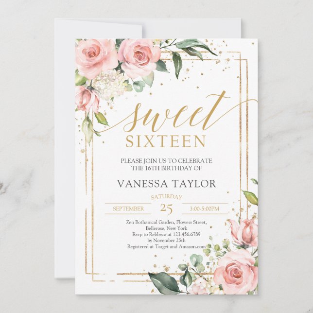 Elegant boho blush pink floral gold sweet sixteen invitation (Front)