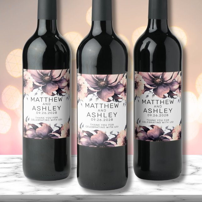 Elegant Boho Blush Pink Floral Wedding Wine Label (Elegant Floral Boho Blush Pink Black White Wedding Wine Label)