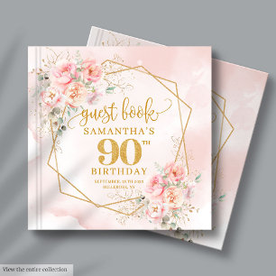 Elegant Boho Blush Pink Gold Floral 90th Birthday Guest Book