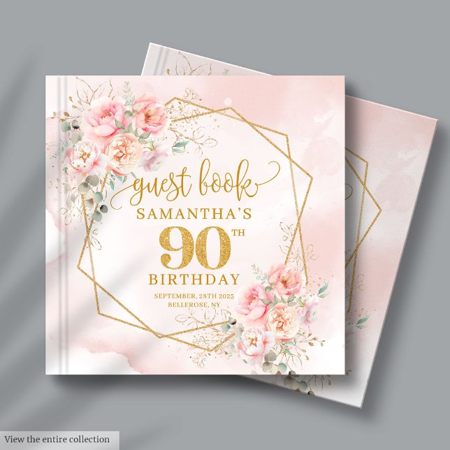 Elegant Boho Blush Pink Gold Floral 90th Birthday Guest Book (Boho Blush Pink Gold Floral 90th Birthday Guest Book)