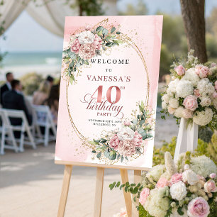 Elegant Boho Blush Pink Greenery 40th Birthday  Poster
