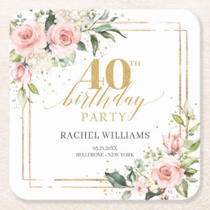 Elegant boho blush pink roses 40th birthday  square paper coaster