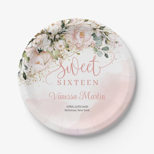 Elegant boho blush pink roses gold sweet sixteen paper plate (Front)
