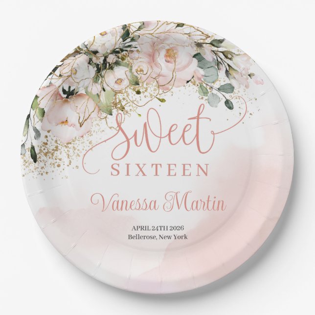 Elegant boho blush pink roses gold sweet sixteen paper plate (Front)