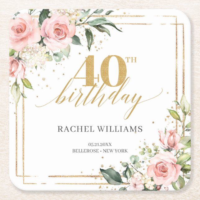 Elegant boho blush pink roses green 40th birthday  square paper coaster (Front)