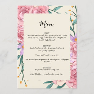 Elegant Boho Blush Pink Watercolor Floral Wedding Menu