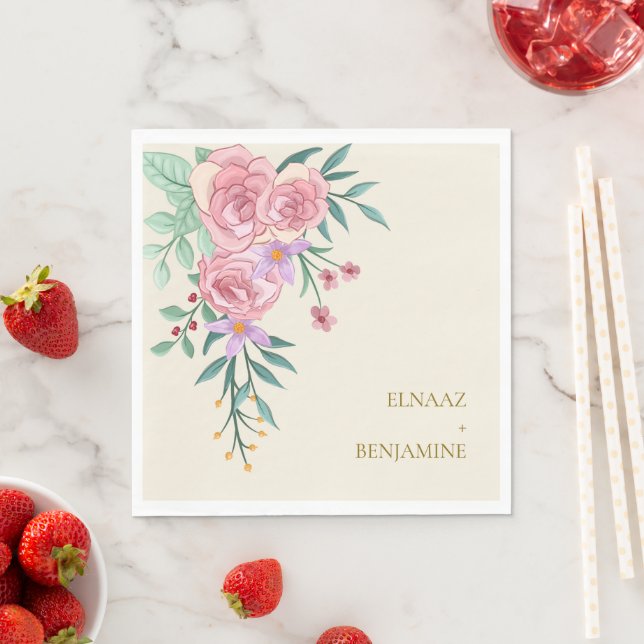 Elegant Boho Blush Pink Watercolor Floral Wedding  Napkin (Insitu)