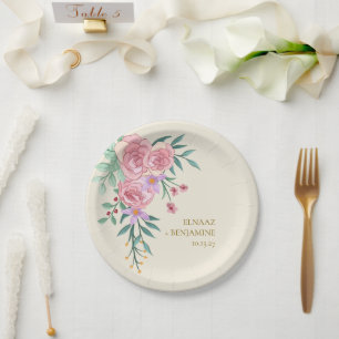 Elegant Boho Blush Pink Watercolor Floral Wedding Paper Plate