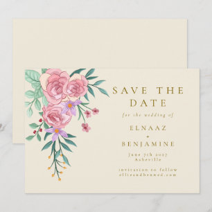 Elegant Boho Blush Pink Watercolor Floral Wedding Save The Date