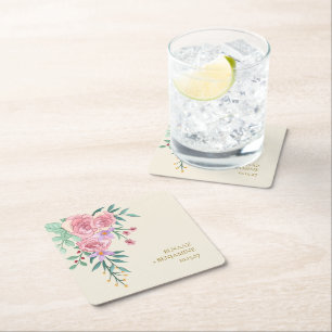 Elegant Boho Blush Pink Watercolor Floral Wedding  Square Paper Coaster