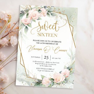 Elegant boho blush roses and eucalyptus gold frame invitation