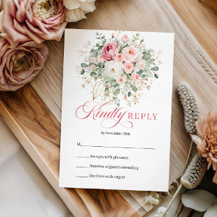 Elegant Boho Blush Roses Gold Wedding RSVP Card 