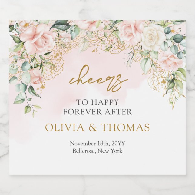 Elegant boho blush roses green gold wedding beer bottle label (Single Label)